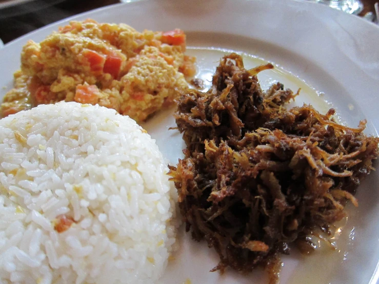 rice and meat served on plate in restaurant setting