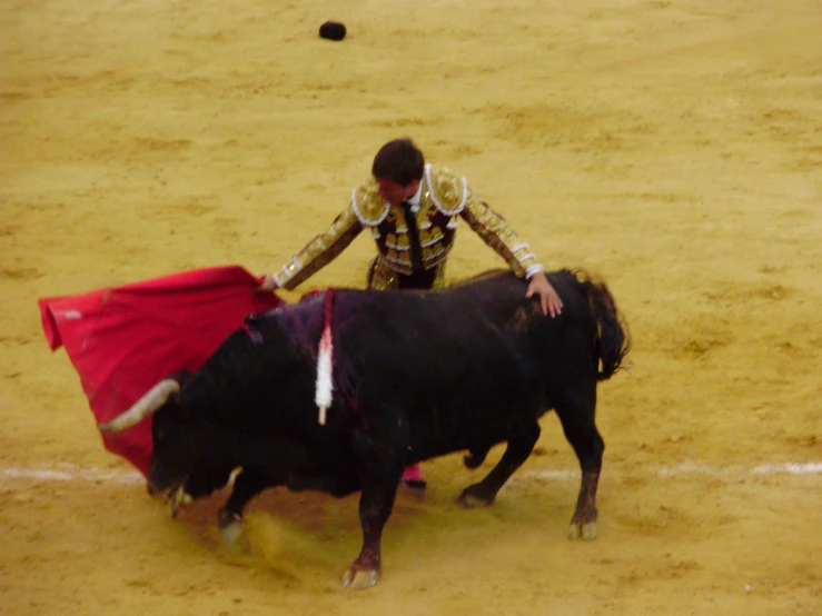 a man standing on top of a bull next to a ball