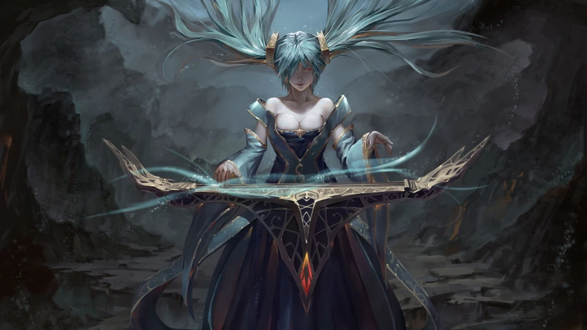 the female character is holding the sword in her hand