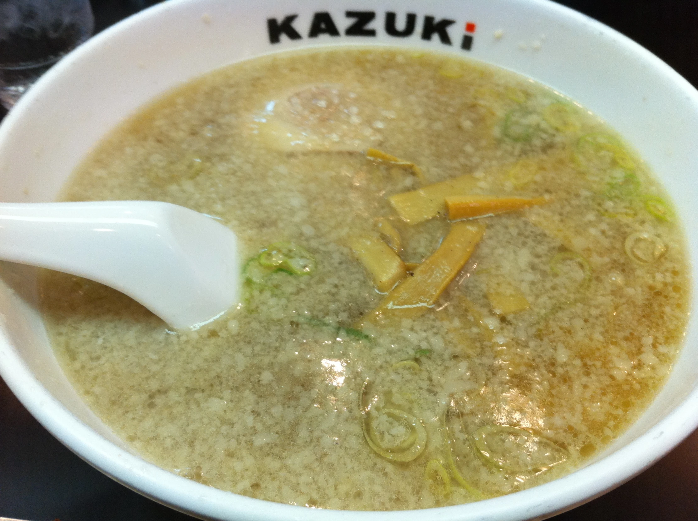 a white spoon full of soup sits in a bowl