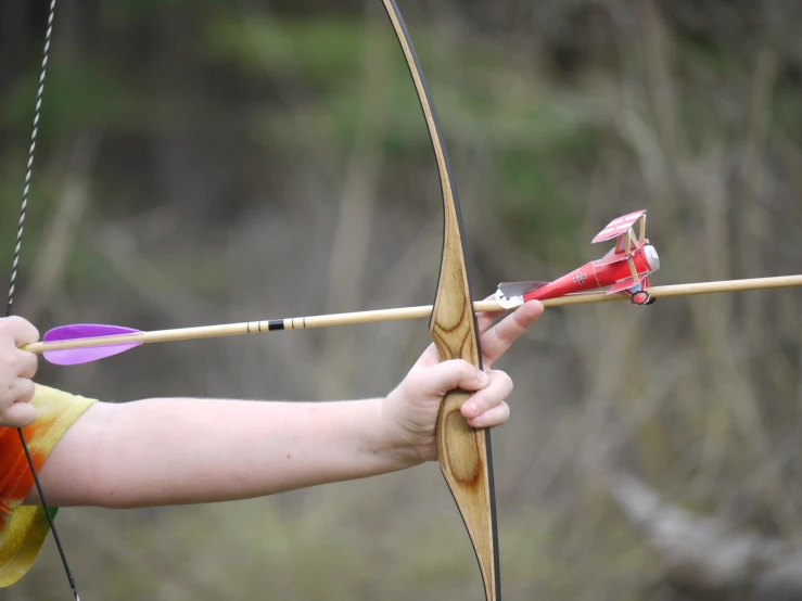 the child is holding up the bow and arrow to shoot it