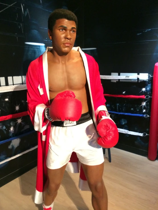 a man standing next to two boxing gloves