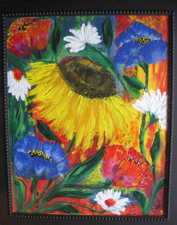 a painting of flowers on a yellow and red background