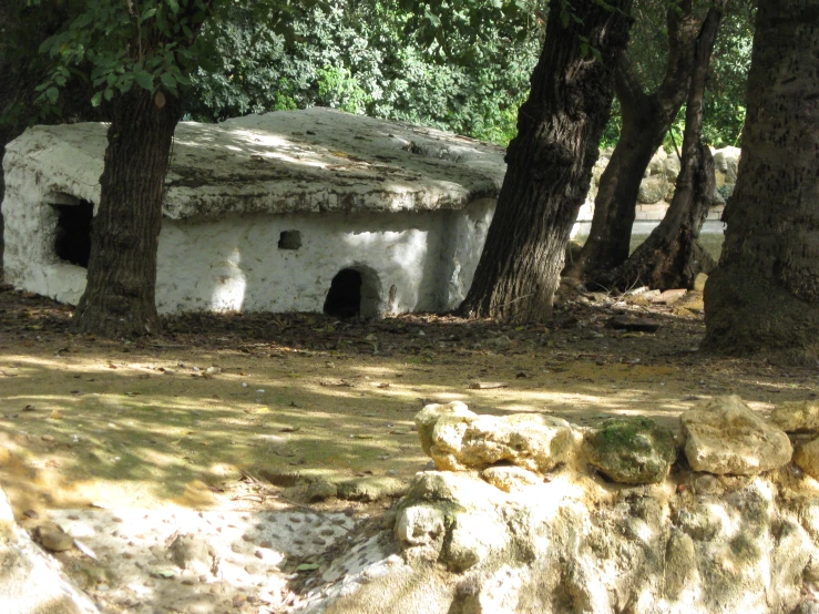 there is a rock shelter in the woods