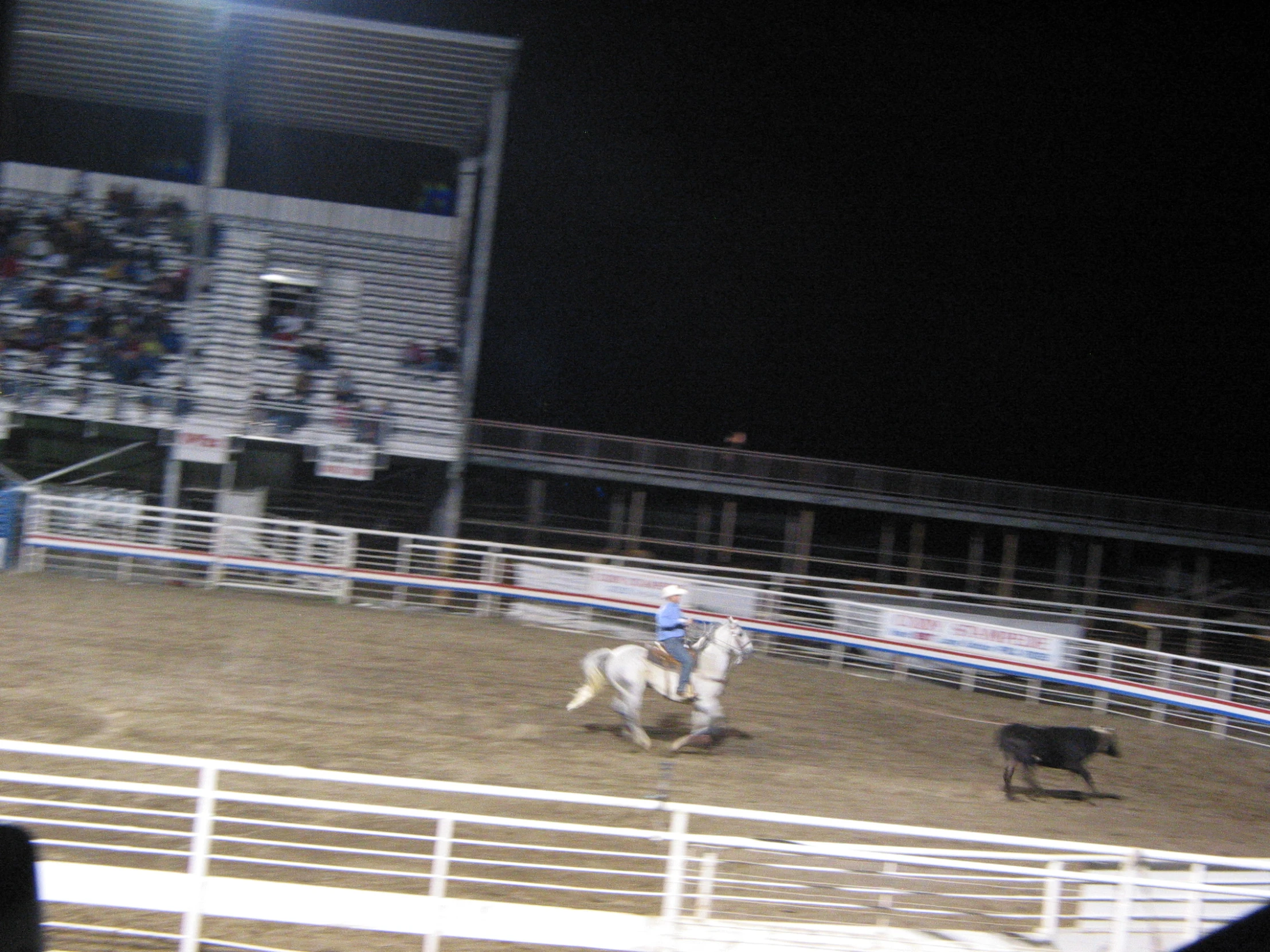 a man on a horse rides around an arena