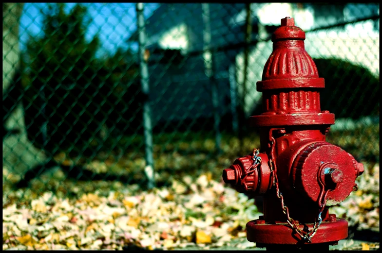 a red fire hydrant is in front of a fence