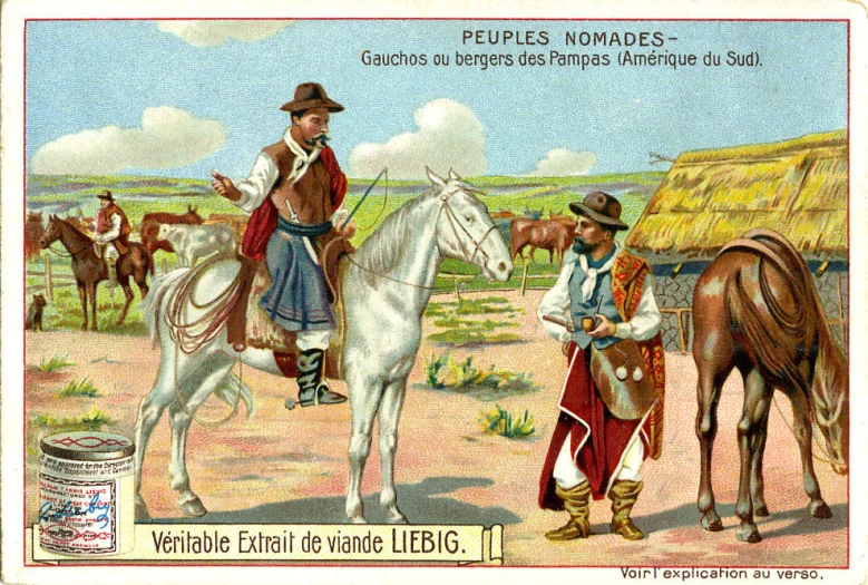 a man in traditional costume standing beside a man sitting on top of a horse