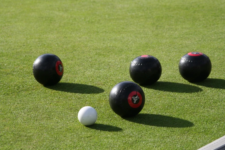 several black and red balls lined up in grass