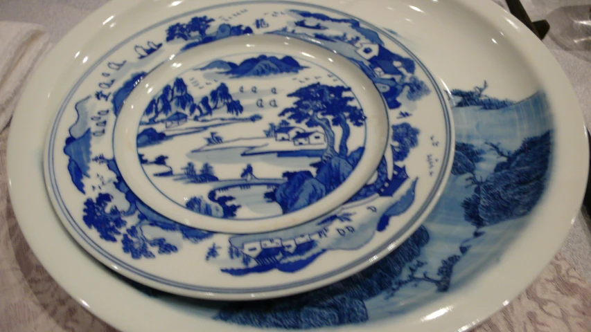 the two plates are decorated with blue and white scenes