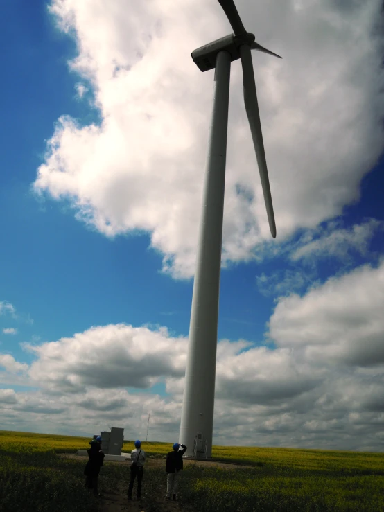 people are standing in a field looking at a windmill