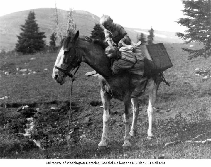 an old picture of a person that is riding a horse