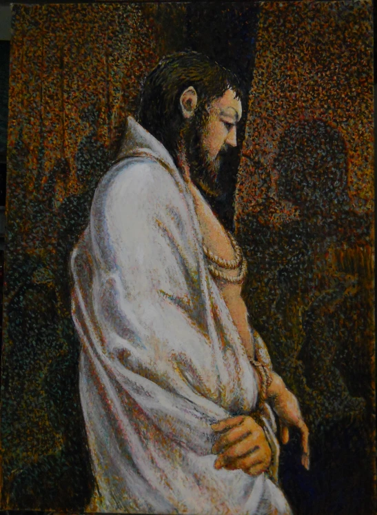 a painting of jesus, wearing white and gold