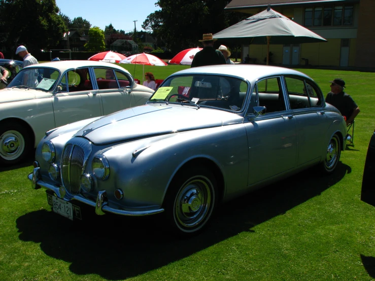 the classic car is parked in the grass