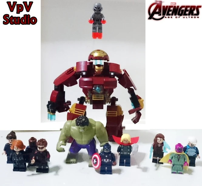 some lego avengerss are standing in front of each other