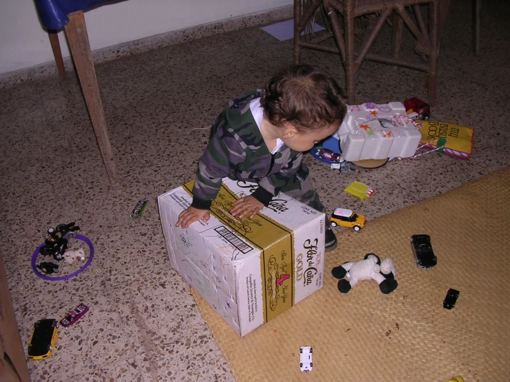 the child is playing with toys on the floor