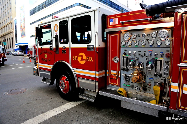 a fire engine parked in front of a building