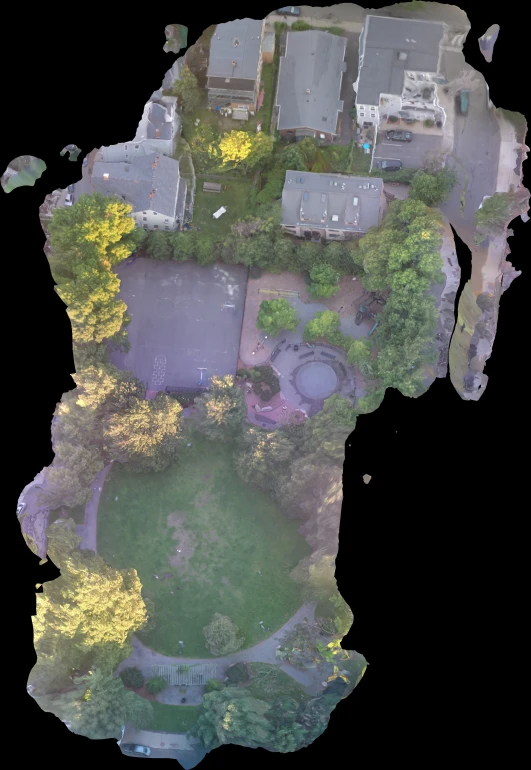 aerial view of some houses and trees in front of a black background