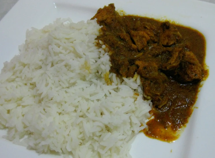 a square plate with rice and some meat in gravy