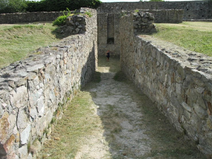 a stone wall and grass in a field