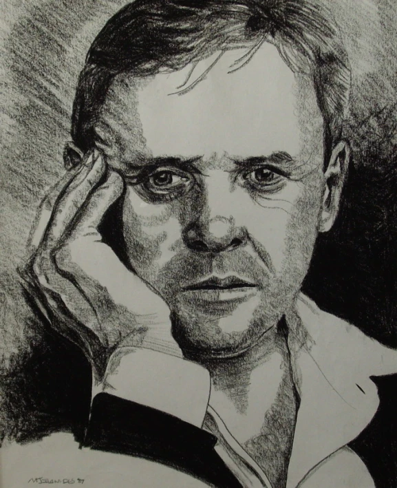a portrait drawing of a man with his hand near his face