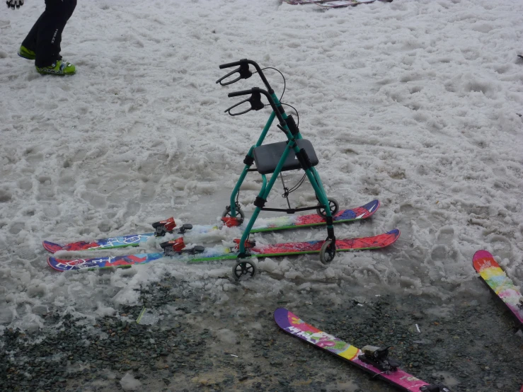 a person has set up skis on the snow