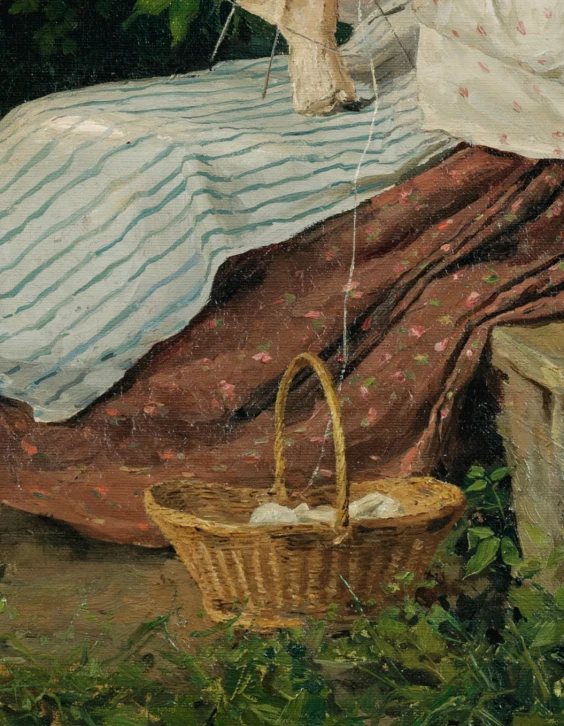 there is an oil painting of an old woman laying on the ground