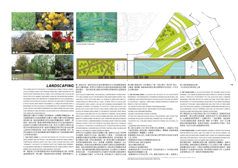 diagram of the area plan with trees, shrubs, and a small pool