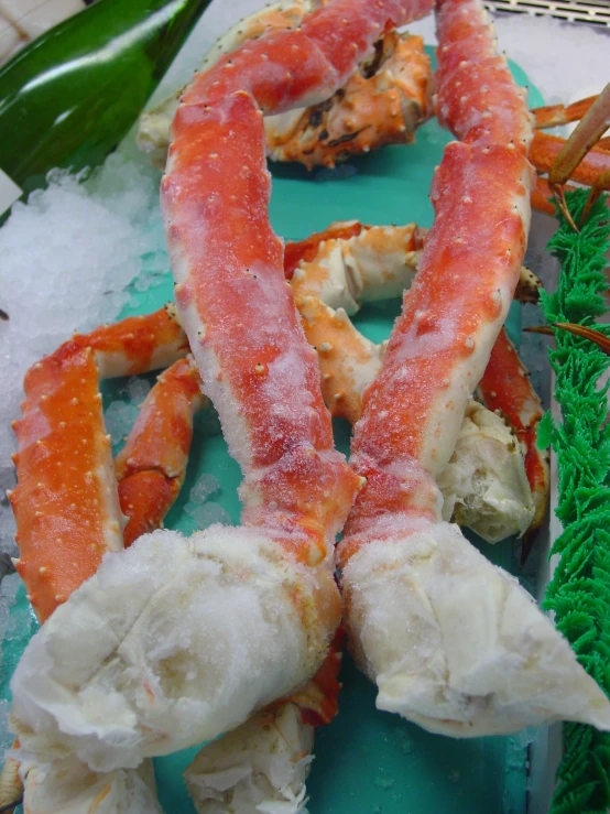 some crab on top of a plate, with one crab missing from the rest of the frame