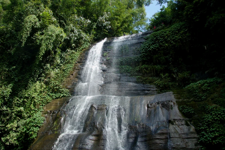 waterfall in the jungle with a man swimming on it