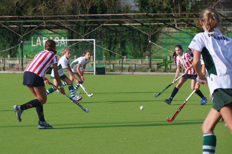 a group of girls playing a game of field hockey