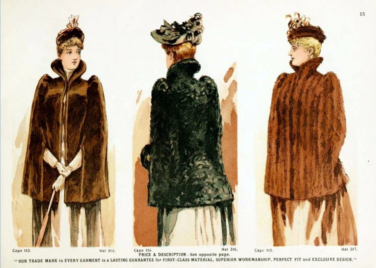 four models wearing different costumes from an old fashion catalog