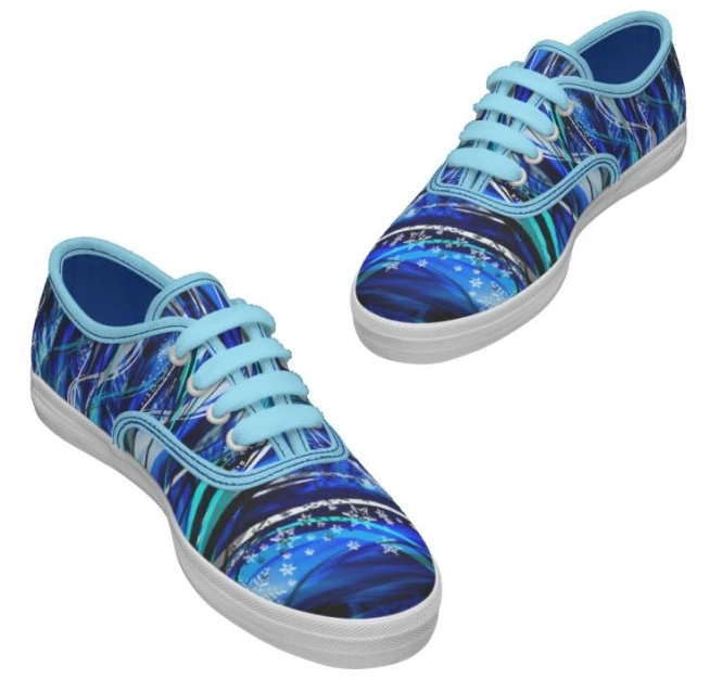 a pair of shoes with blue and black designs