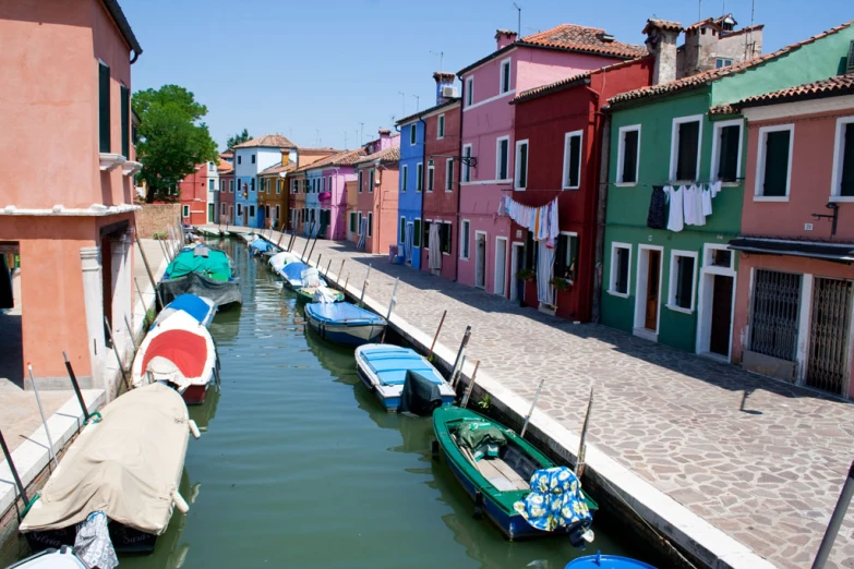 colorful buildings lining the water line next to parked boats