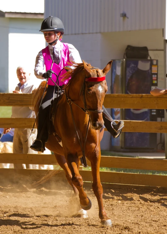 a little boy riding a horse around a ring