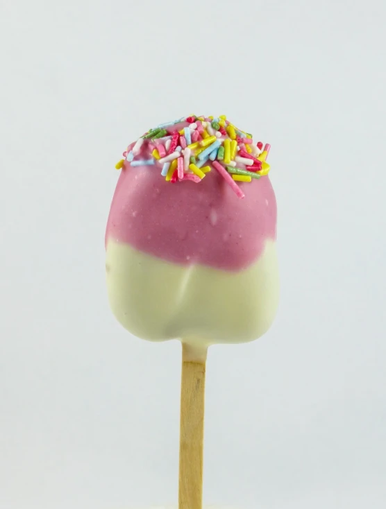 a pink and white cake pops sitting on top of a wooden stick