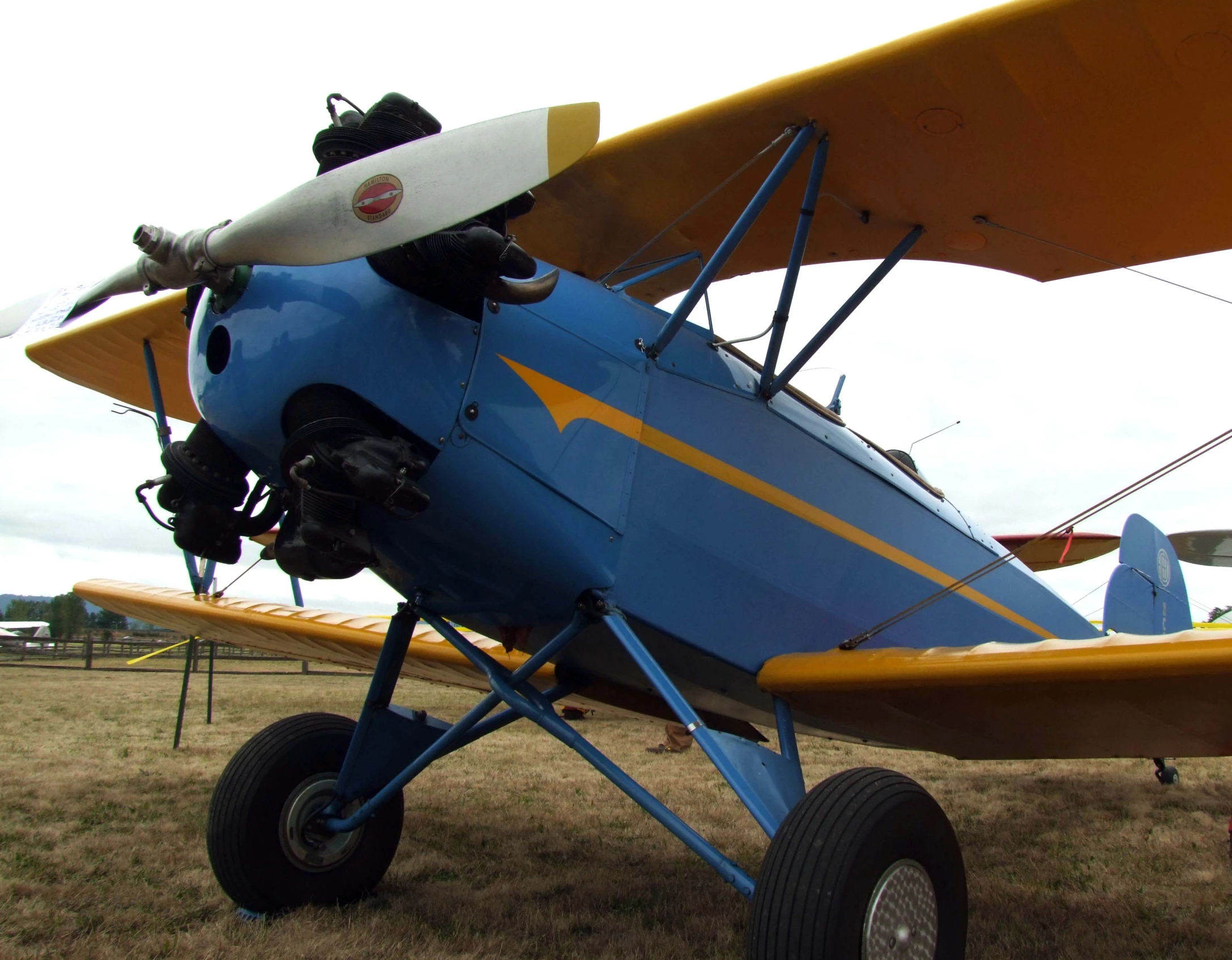 a blue biplane with the wings off of it's head