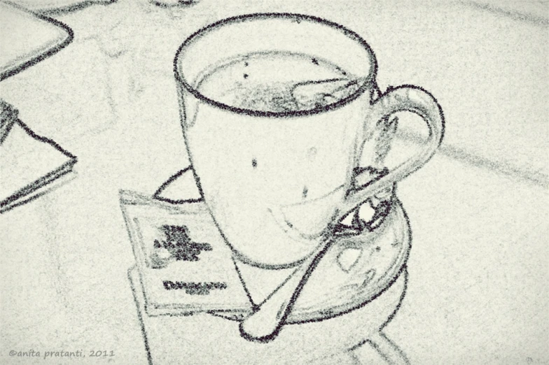 a drawing of a cup of coffee on top of a table