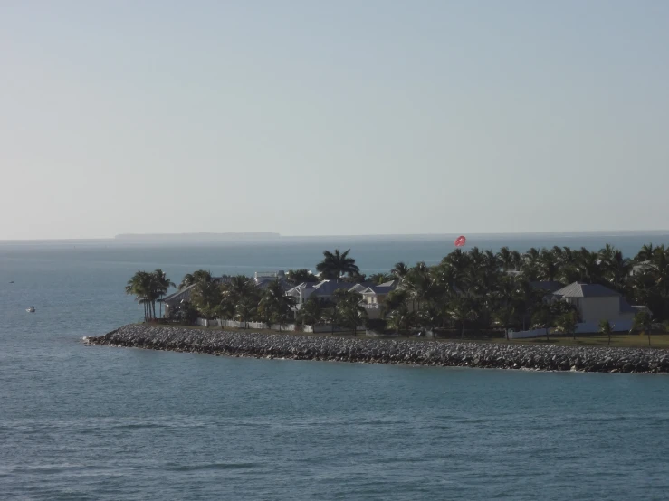 the island with palm trees is far from the water