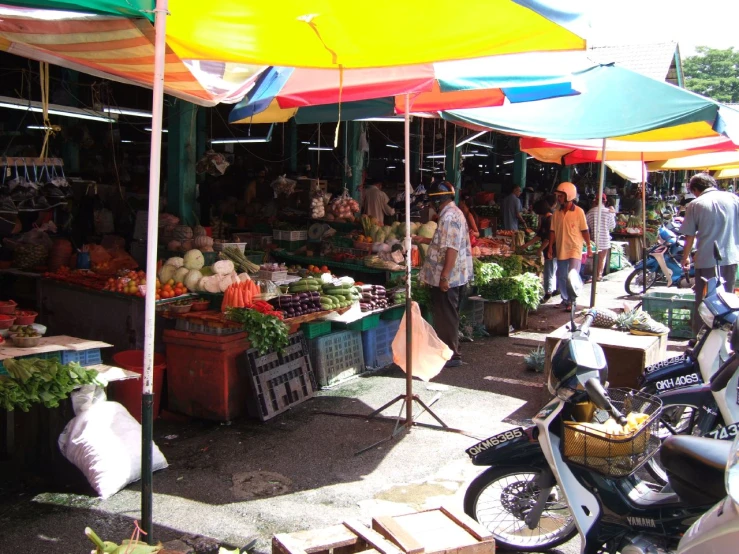 several people are shopping at an outdoor market