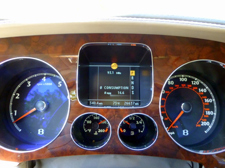 a car dashboard with gauges and indicators showing