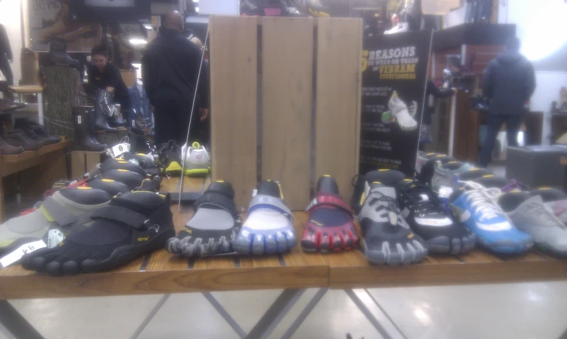 various footwear are on display in a market