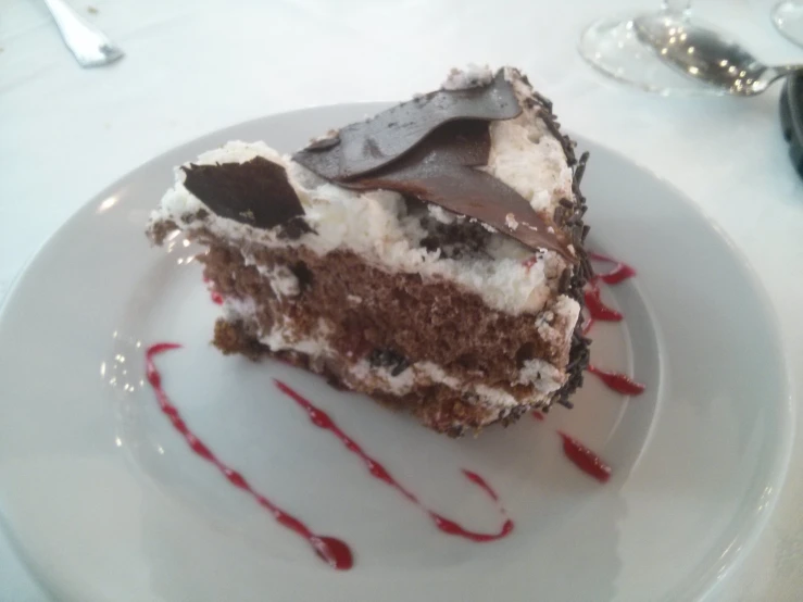 a piece of cake on a plate with chocolate syrup