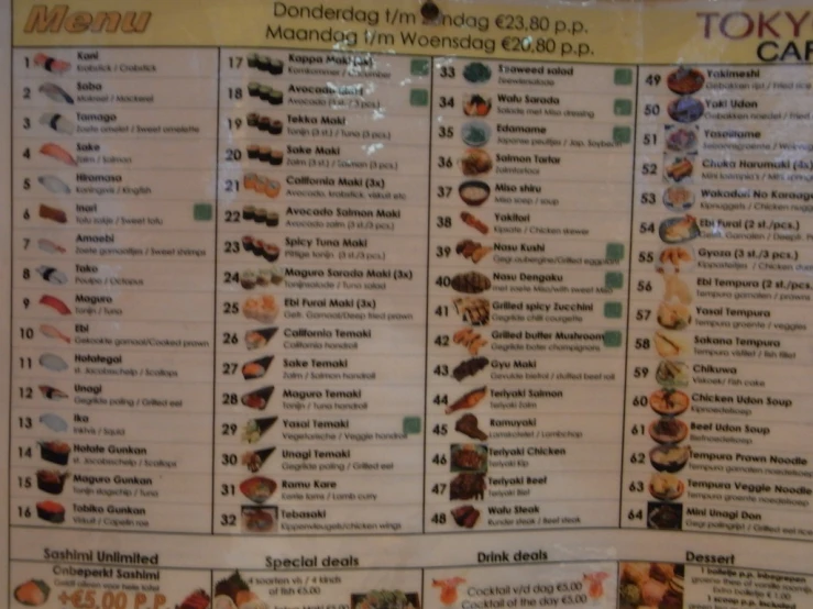 a menu with different kinds of food
