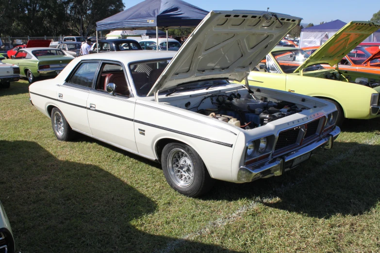 a car with its hood open sitting on the grass