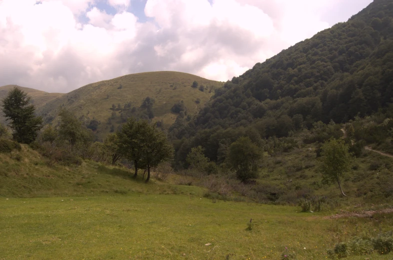 a beautiful view of mountains, with green grass