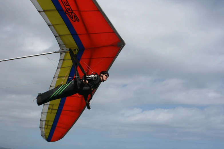 man parasailing through cloudy skies on a cloudy day