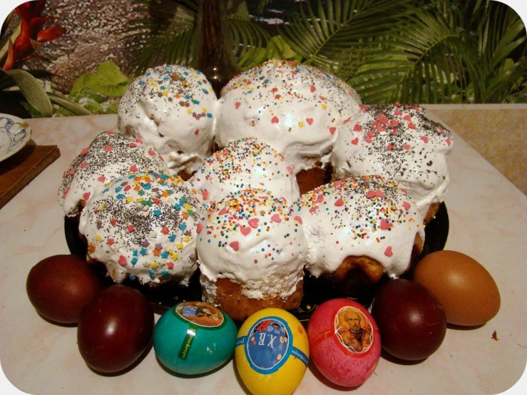 a bowl with donuts sitting on top of a counter