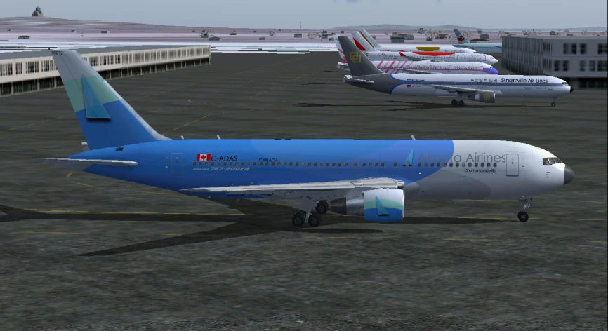 three planes lined up on the tarmac at an airport