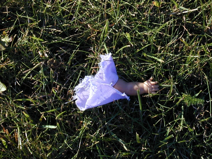 a baby body holding a white bag laying on top of grass