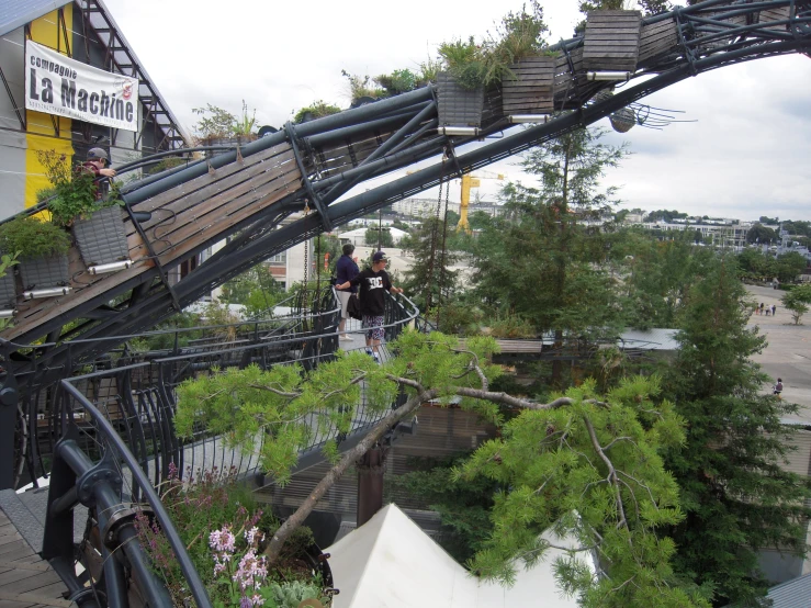 a wooden park structure with plants growing up it